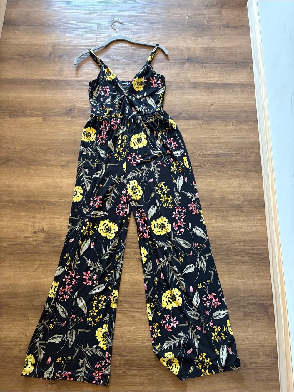 Express Black Jumpsuit with Yellow & Pink Floral Print